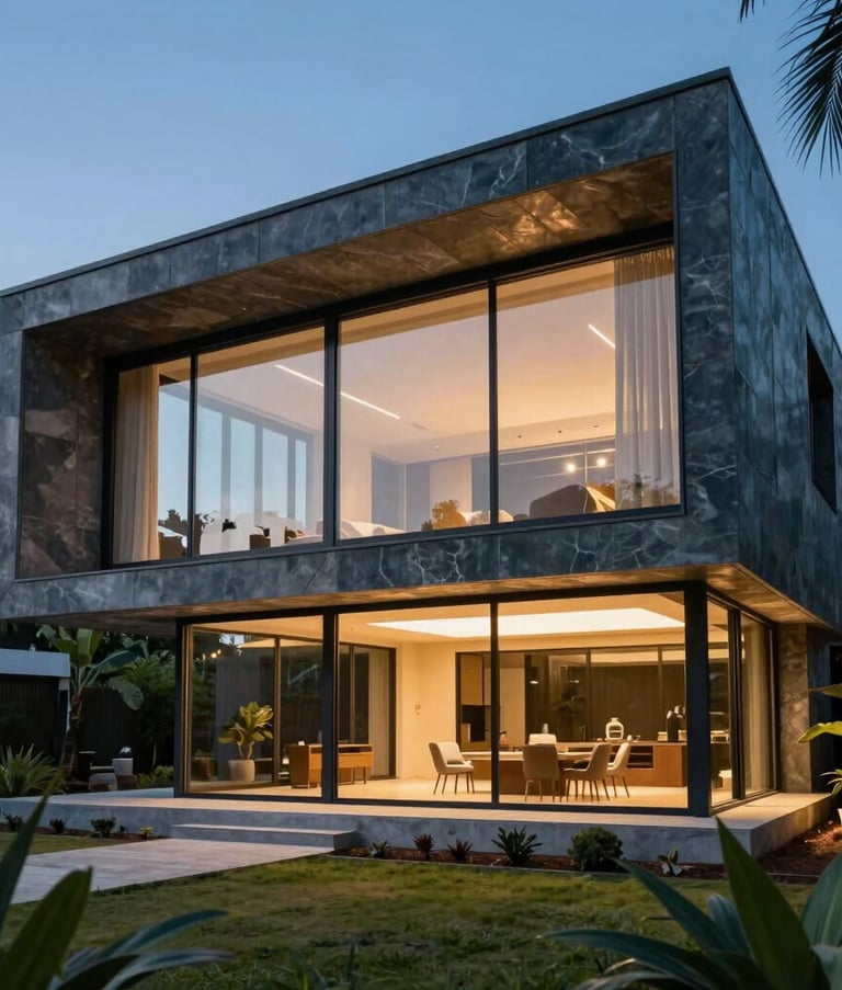 Photographie architecturale d'une villa moderne et luxueuse à Abidjan. Design contemporain avec de larges baies vitrées et des finitions en pierre, entourée de verdure tropicale. L'image dégage une impression de prestige et de sécurité, utilisant les tons bleu acier et or du groupe.