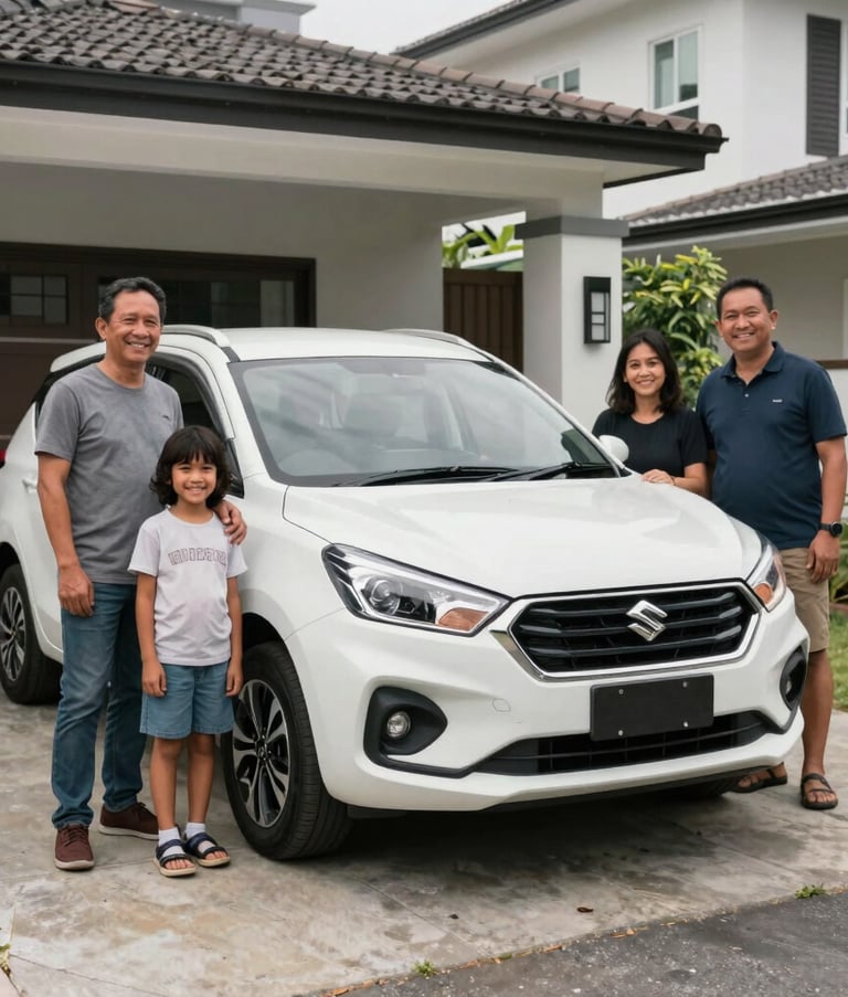 A warm, bright photograph of a Southeast Asian / Indonesian family smiling while standing next to their new white Suzuki Ertiga in a modern residential driveway. The lighting is natural and inviting, emphasizing a professional and happy customer experience.
