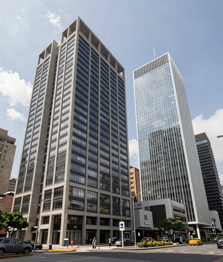Wide shot of a contemporary financial district in Bogotá with South American / Colombian architectural style. Bright daylight, clean lines, professional atmosphere reflecting stability and urban growth.