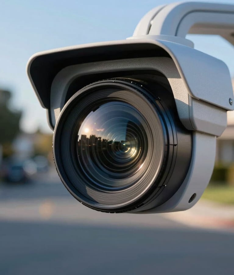 Close-up of a high-tech security camera lens reflecting a sunny North American residential street, morning light, sharp focus, professional photography with light blue and navy tones.