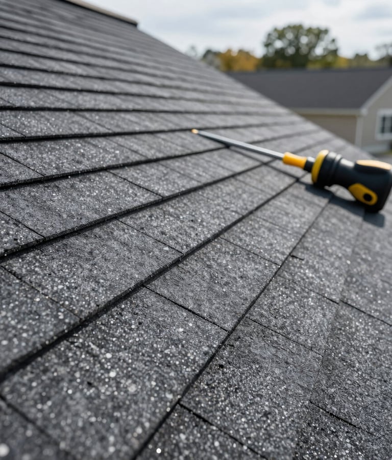 Close-up detailed photography of high-quality architectural asphalt shingles in dark gray being expertly installed on a residential roof. Professional tools visible, sharp focus, bright daylight, North American / US setting.