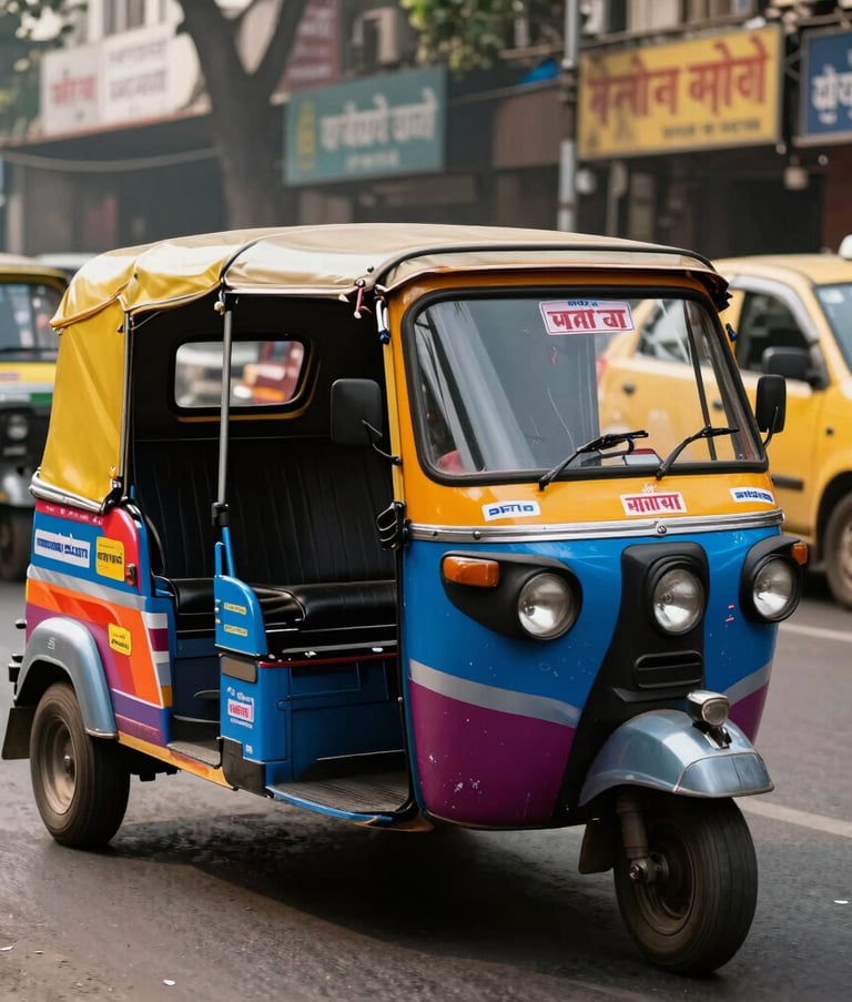 High-resolution photo of a branded auto-rickshaw and a cab wrapped in vibrant advertising driving through a bustling New Delhi street, South Asian / Indian urban environment, daylight.