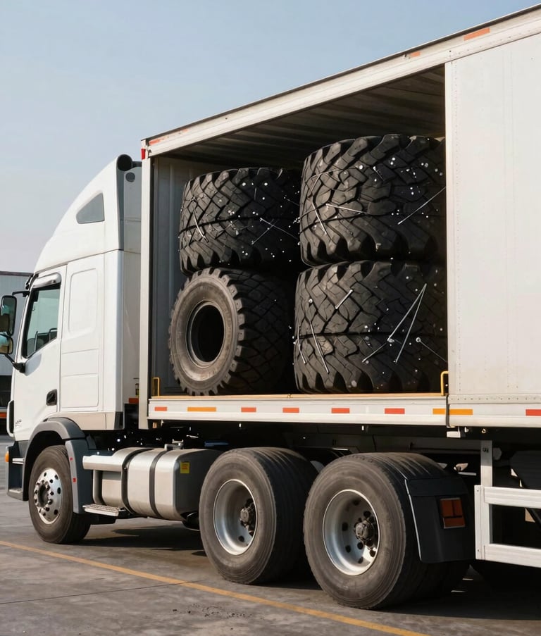 A side-profile shot of a professional logistics semi-truck being loaded with bulk tires at a distribution center in the United States. Morning daylight, crisp focus on the loading dock, suggesting reliability and nationwide reach.
