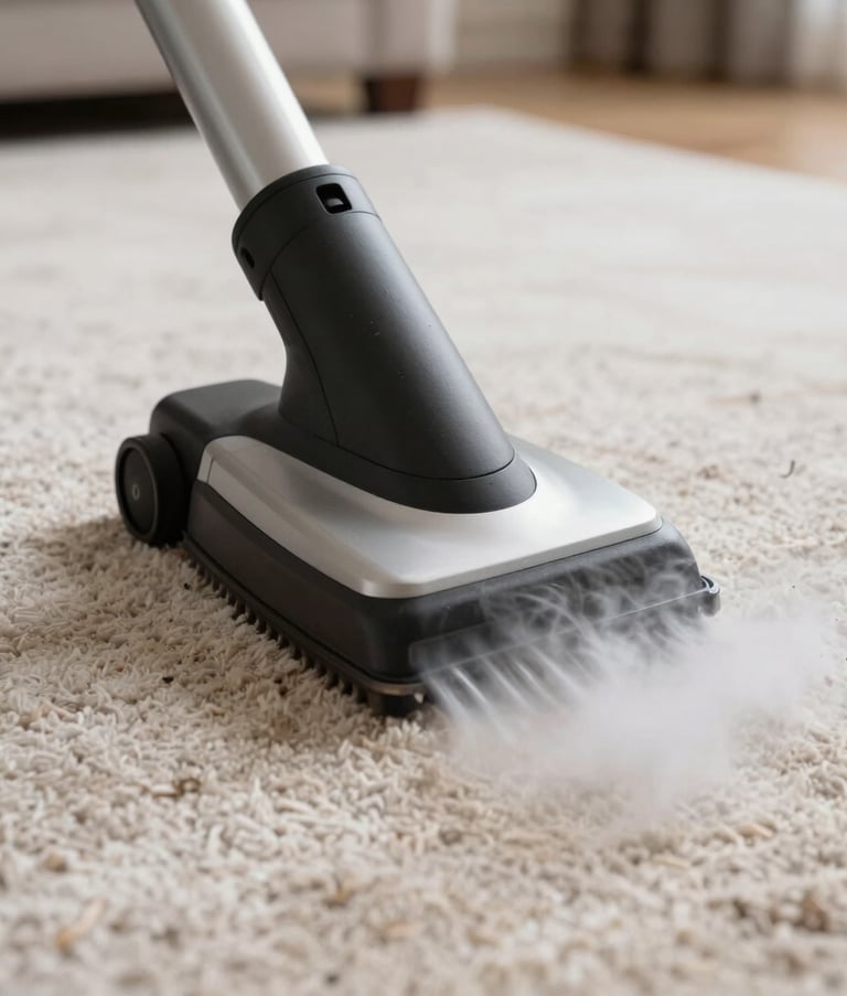 Close-up macro shot of a professional steam-cleaning head moving across a high-pile carpet in a luxury US suburban home, showing a clear contrast between the soiled area and the bright, deep-cleaned fibers.