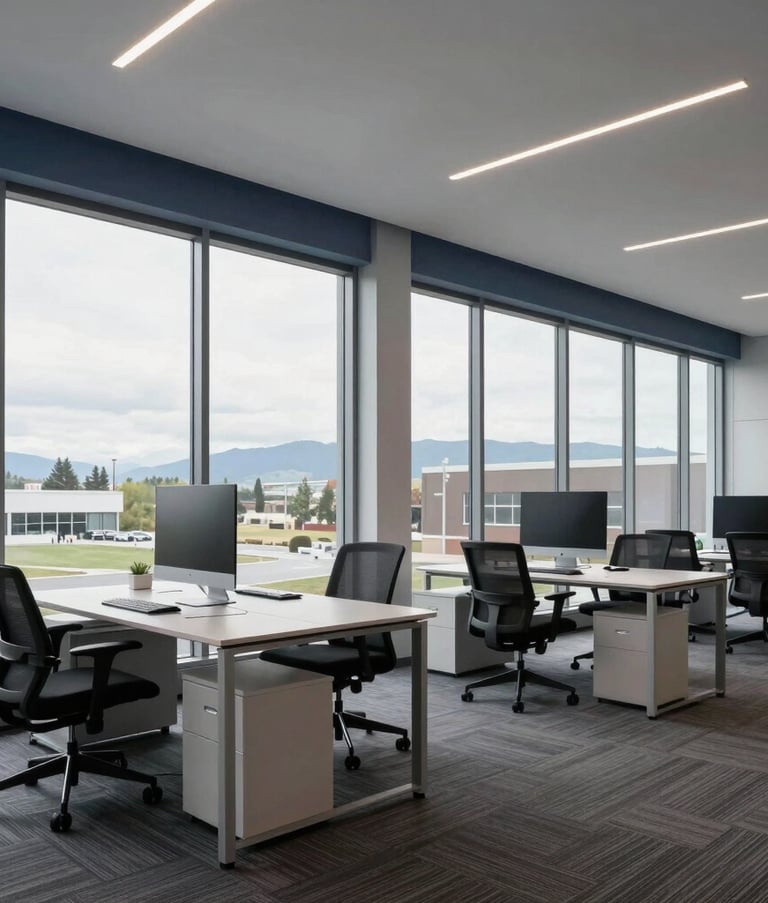 A wide-angle shot of a sleek, minimalist agency workspace in Spokane Valley with floor-to-ceiling windows. The interior features indigo accent lighting, ergonomic furniture, and clean lines under bright natural light.