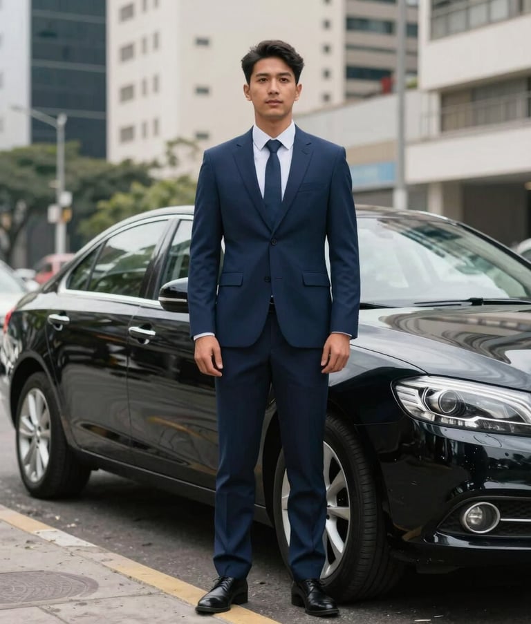 A professional chauffeur in a navy blue suit standing next to a sleek black sedan in a modern business district in a South American / Brazilian city. The lighting is clean and bright, conveying reliability and premium service.