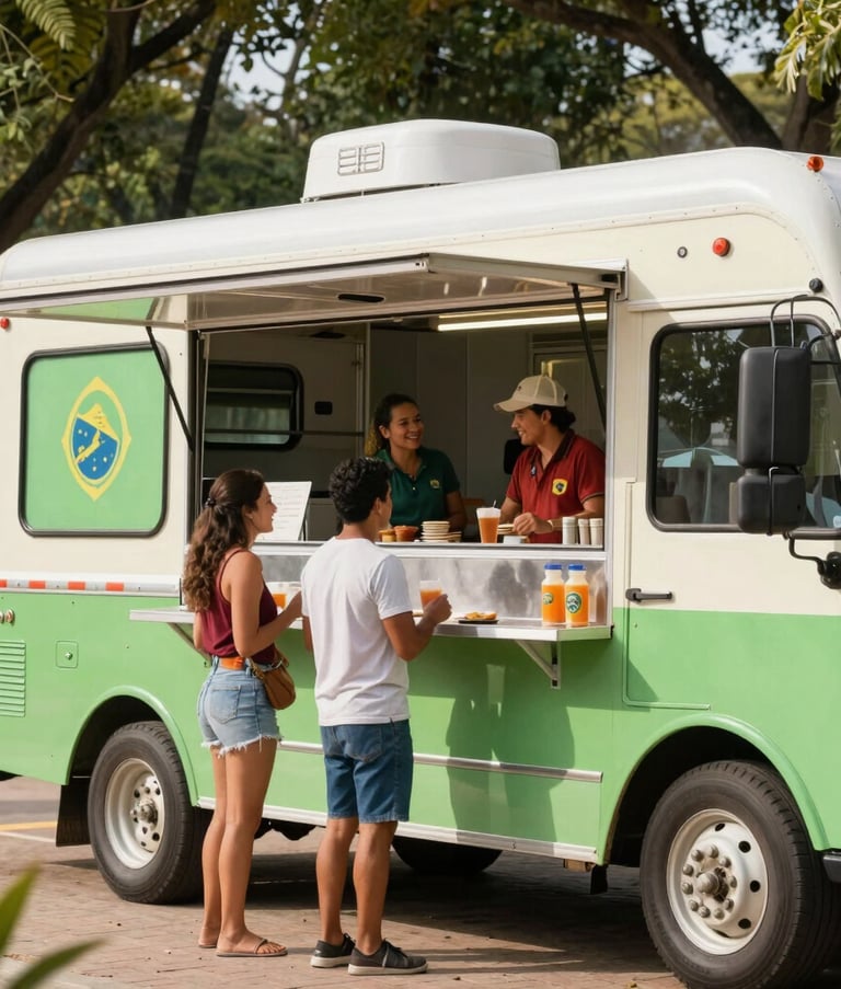 A vibrant medium shot of a modern, clean food truck serving customer at a sunny Brazilian park. The truck features light green and pale green accents. People are dressed in casual South American attire, smiling in a community atmosphere.