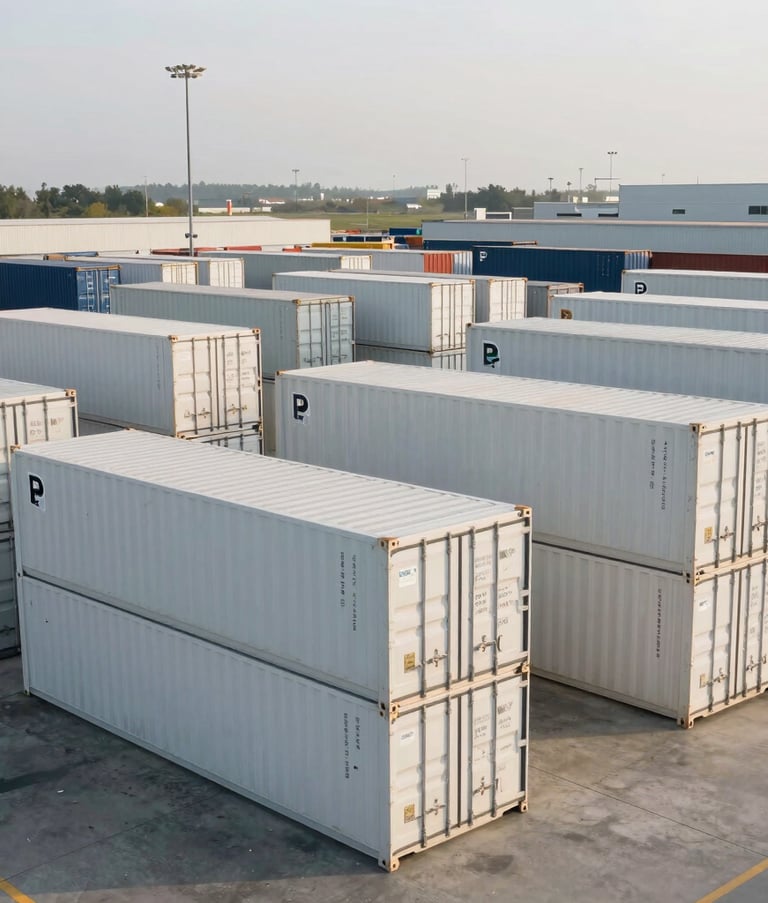 A professional, wide-angle photography shot of a modern logistics terminal in North America during the early morning. Orderly stacks of white shipping containers contrast with a clean, light sage environment, symbolizing efficient international agrifood trade.