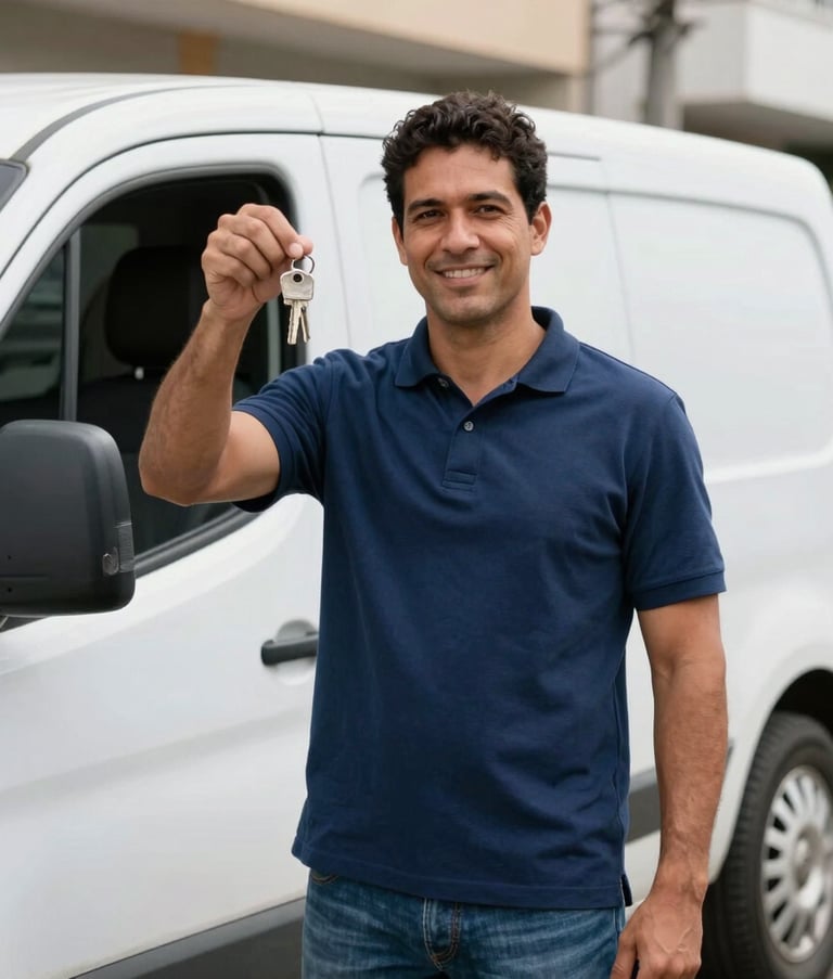 A professional locksmith in a deep blue polo shirt standing confidently by a clean white service van in a bright Brazilian urban setting. He is holding a modern set of keys and looking towards the camera with a friendly, professional expression.
