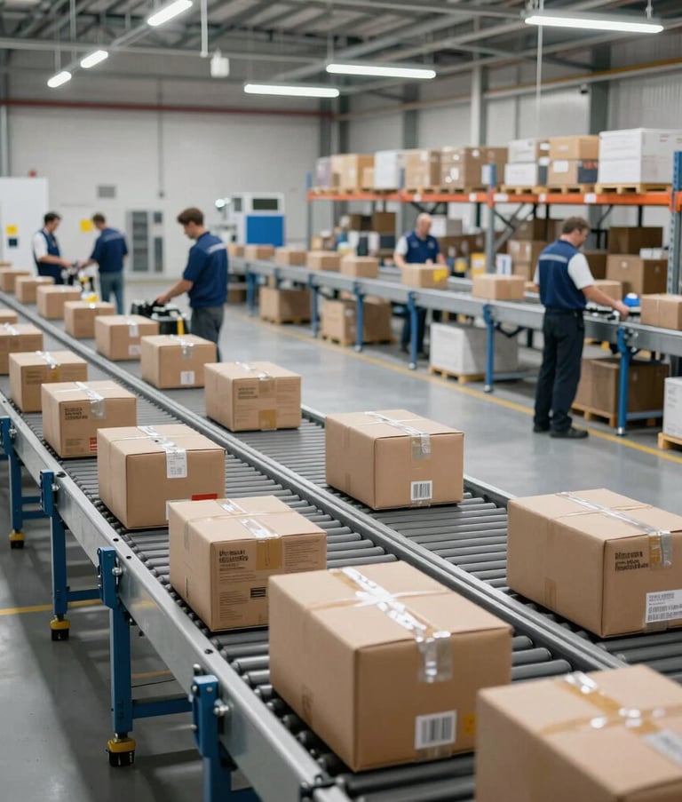 A high-tech, modern logistics warehouse in France, showing organized parcels on automated conveyor belts, clean and bright interior with steel blue and white accents, Western European staff working efficiently in the background.