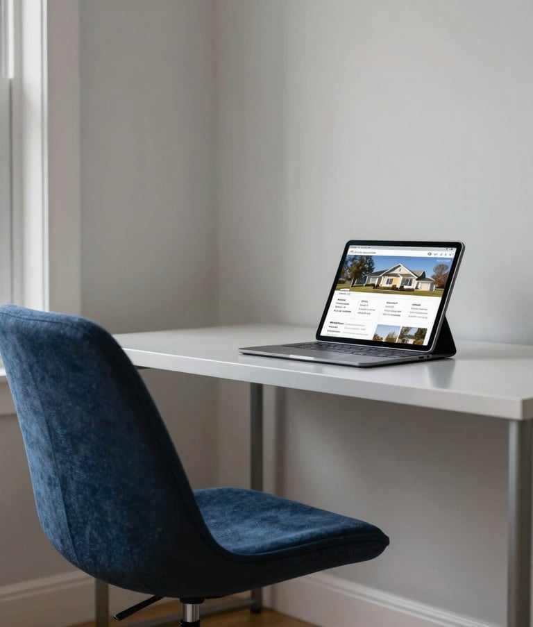 A serene North American residential interior showing a clean, modern home office space with a comfortable navy blue chair and a silver desk holding a tablet displaying real estate listings.