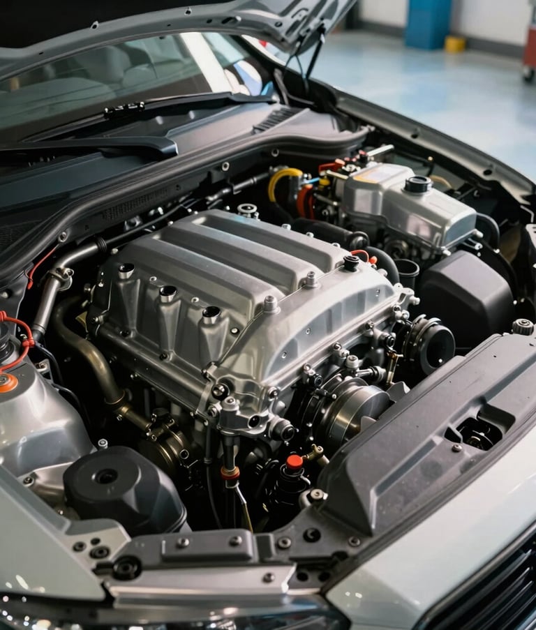 A high-angle, close-up photograph of a clean, modern vehicle engine bay in a North American setting. Soft sunlight illuminates the metallic components. Professional focus on the precision engineering. The surrounding shop floor is a clean ice blue and white, creating a clinical and trustworthy atmosphere.