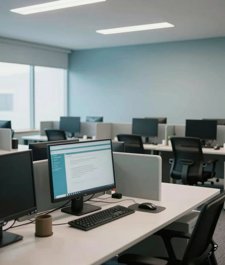A wide-angle shot of a clean, sophisticated South American tele-service center office, ergonomic desks with modern equipment, minimalist interior design with soft blue and sage gray colors, natural lighting, professional atmosphere.