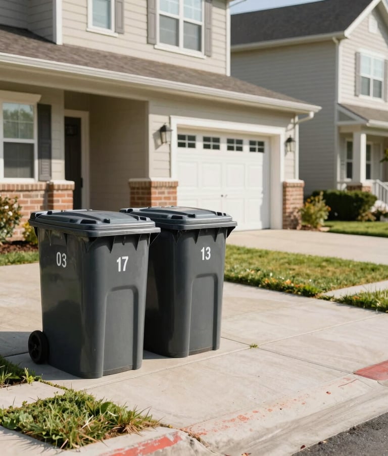 A neat suburban home exterior in a North American / US neighborhood with perfectly clean curbside trash bins and well-painted curb numbers, bright natural lighting, confident and premium mood.
