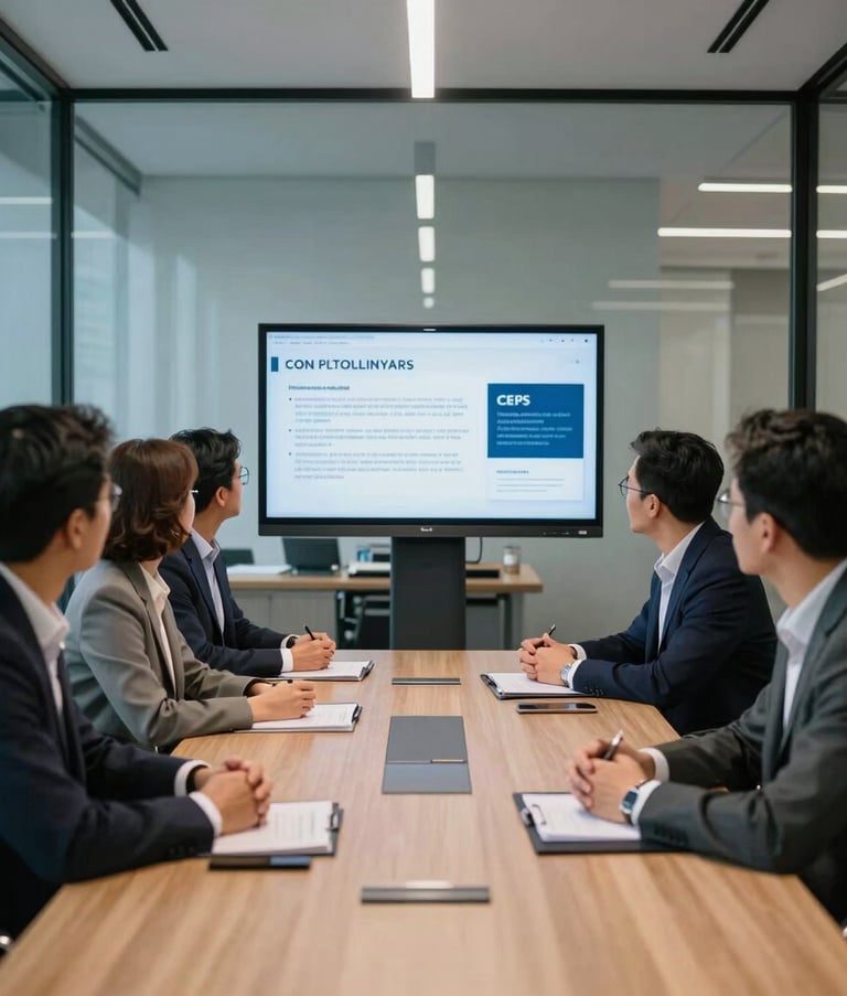 A collaborative strategy meeting in a sleek glass-walled conference room. Business professionals in smart-casual attire are focused on a digital presentation, set in a modern North American urban office with ocean blue design elements.