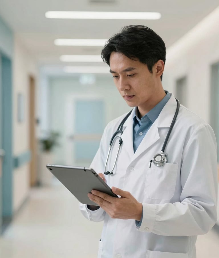 A professional clinician in a modern North American healthcare facility using a sleek tablet device for patient care. The background is a clean, minimalist hallway with soft light blue and off-white lighting.