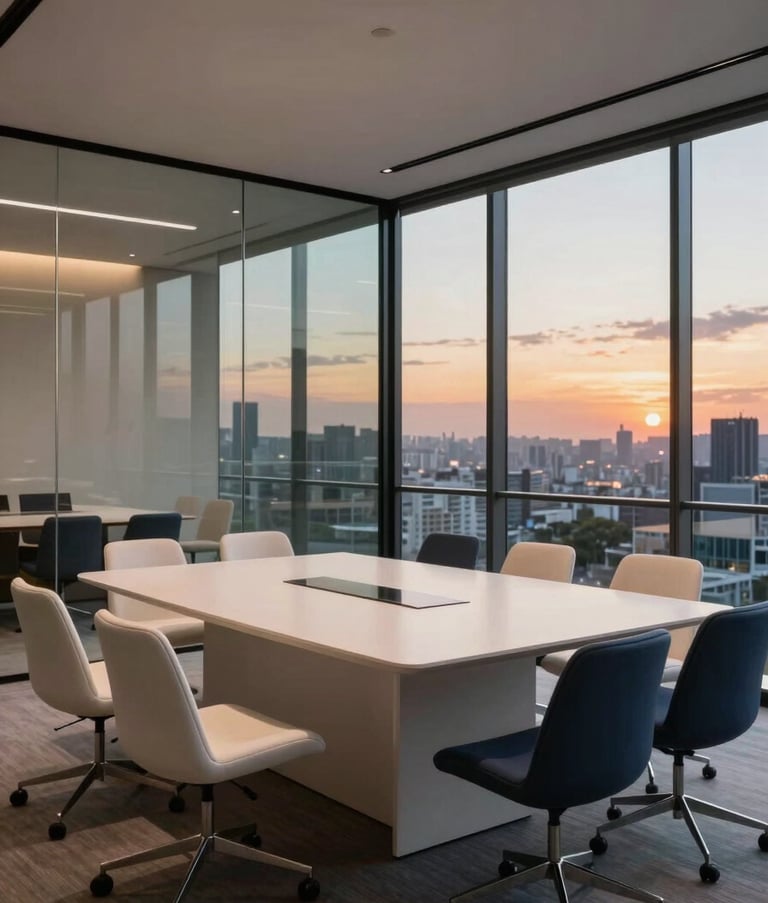 Wide shot of a sophisticated Brazilian corporate meeting room with glass walls, reflecting a sunset sky, minimalist furniture in off-white and dark blue.