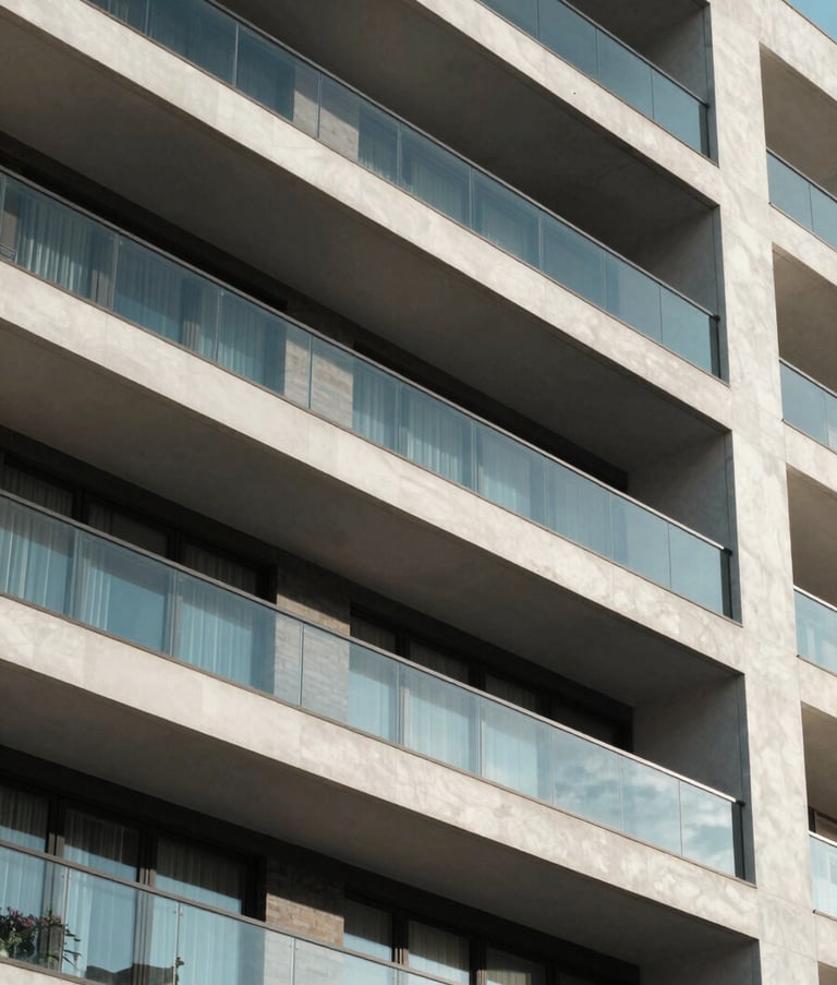 A close-up architectural shot of a contemporary residential building in a Mexican city, clean geometric lines, glass balconies reflecting a blue sky, high-end professional photography with a focus on structural detail.