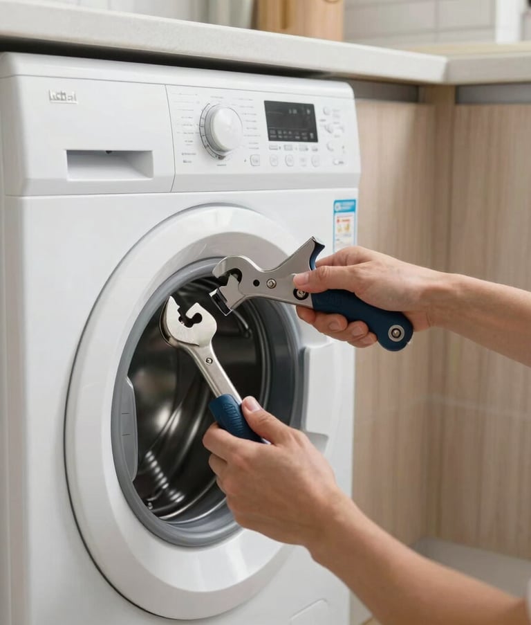 Close-up of professional hands repairing a white washing machine using high-quality tools in a bright, modern European kitchen with light wood accents and soft grey tiles.