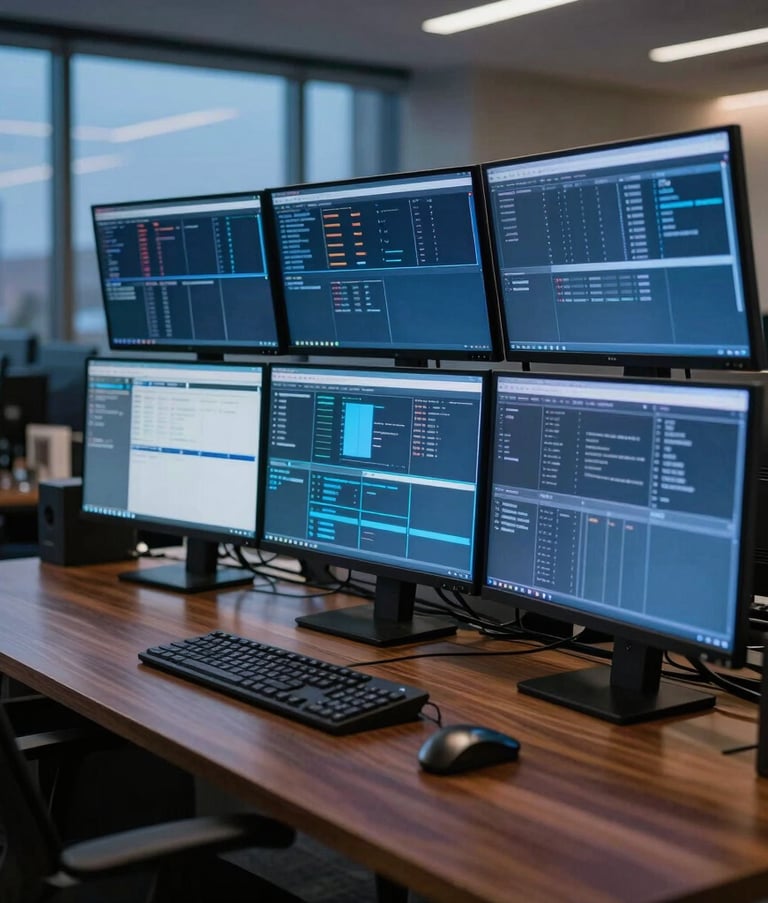 A professional photograph of a sophisticated trading workstation in a North American / US office setting. Multiple high-resolution monitors are glowing with deep blue and white light, reflecting off a clean, dark wood desk surface. The background shows a blurred, professional architectural environment at twilight.