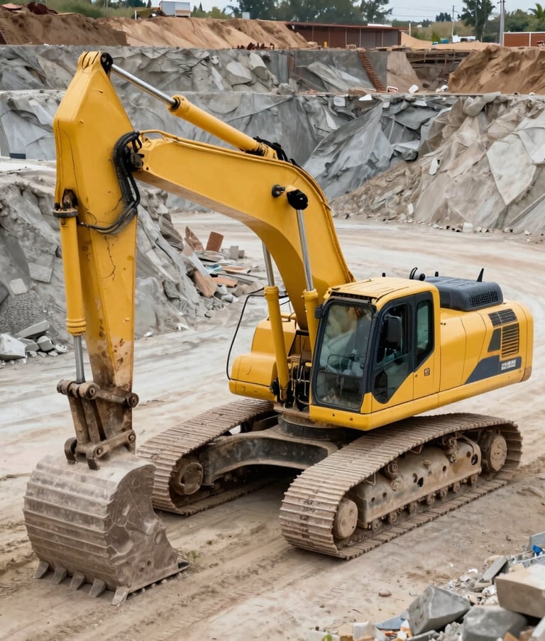 A powerful high-angle shot of a massive yellow excavator operating in a dusty North American construction quarry. Rugged textures of concrete and earth, sharp industrial focus.