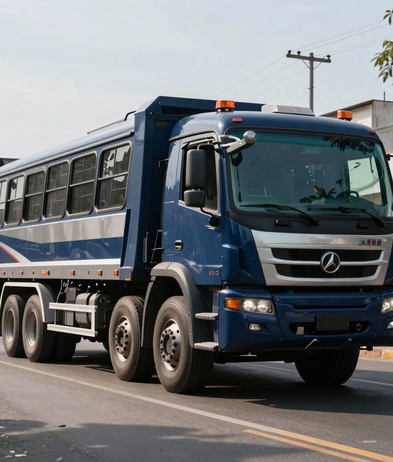A powerful heavy-duty recovery truck towing a large commercial bus on an urban South American avenue, professional lighting, modern machinery, clean steel and navy blue palette.