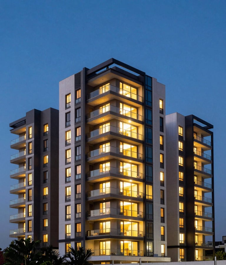 A wide-angle photography shot of a contemporary residential apartment complex in Bangalore, Karnataka. The architecture is modern with glass balconies, shot during the blue hour with warm interior lights glowing against a deep sky blue backdrop.