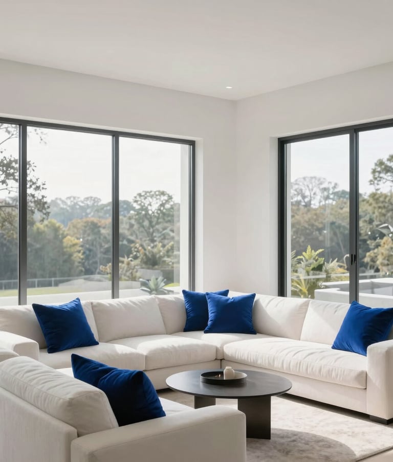 Photography of a bright, ultra-minimalist luxury living room in a North American home. Crisp white walls and furniture, floor-to-ceiling windows, and deep cobalt blue accent pillows. Natural morning light, professional architectural composition.