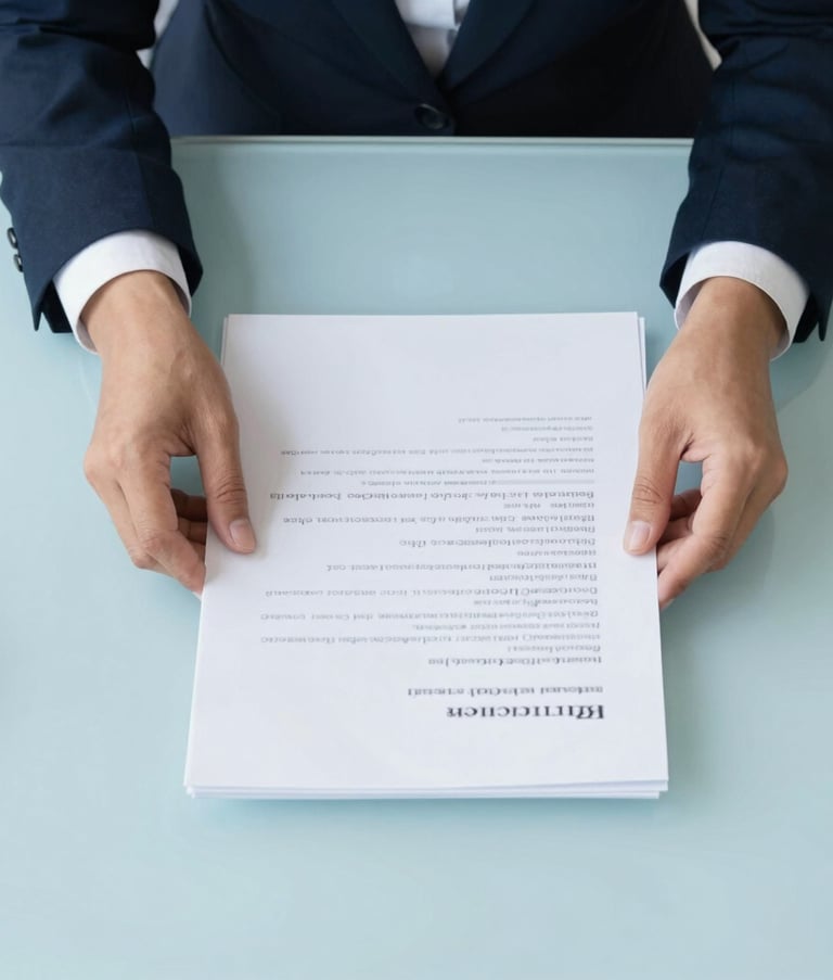 A high-angle shot of a minimalist South American workspace. A pair of hands in professional attire is organizing crisp white documents on a light blue desk surface. The composition is clean, bright, and organized, reflecting administrative excellence.