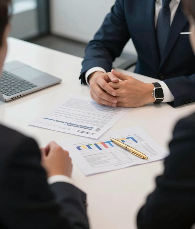 A sharp, professional photograph of a consultation meeting in a US office, focused on a sleek white table with financial documents and a gold pen, modern professional atmosphere.