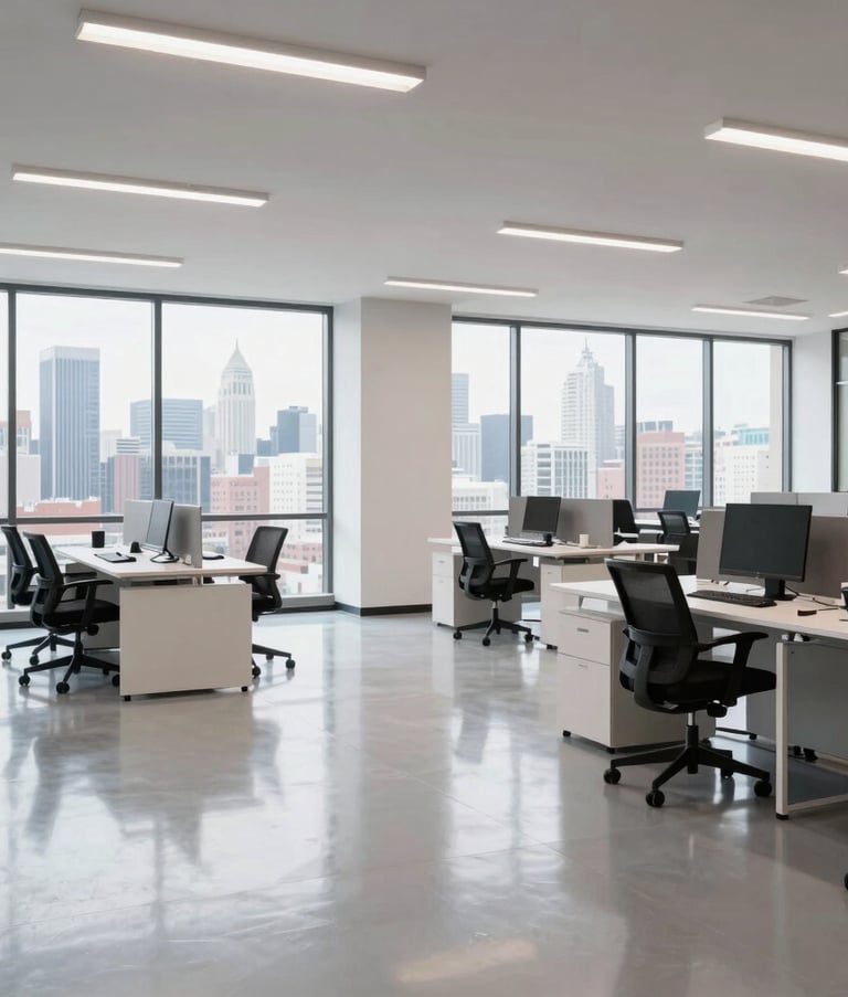 A wide-angle, bright photograph of a modern, sanitized office interior in Long Island City. The space features large windows, sleek desks, and impeccably clean floors, reflecting a corporate North American work environment.