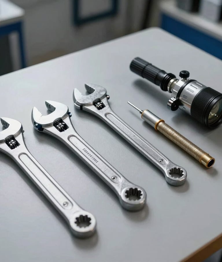 A professional composition of high-quality plumbing tools like pipe wrenches and leak detection devices laid out neatly on a clean gray surface. The lighting is crisp and modern, reflecting a sense of efficiency and readiness, with subtle blue accents in the background.