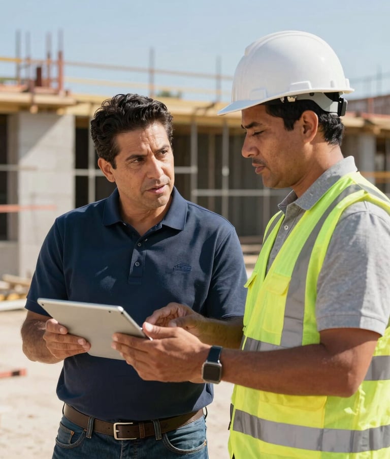 A collaborative scene at a construction site in the South of the US. Dani is wearing a professional polo shirt, discussing digital strategy on a tablet with a Hispanic contractor wearing a safety vest. Bright natural sunlight, authentic and aspirational atmosphere.