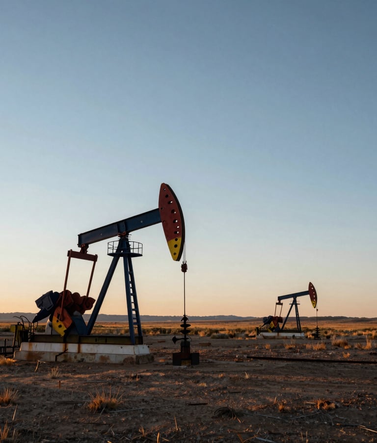 Wide-angle photograph of the rugged Western US plains at sunrise, an oil pumpjack operating in the distance under a vast sky, professional and established mood, North American / US landscape.
