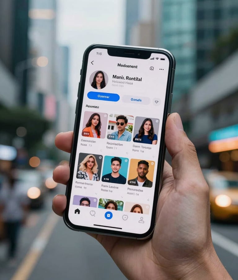 Close-up of a hand holding a high-end smartphone in an Indonesian urban setting, displaying a vibrant social media profile with high engagement numbers. The background shows soft bokeh of city lights and teal-colored architectural elements.