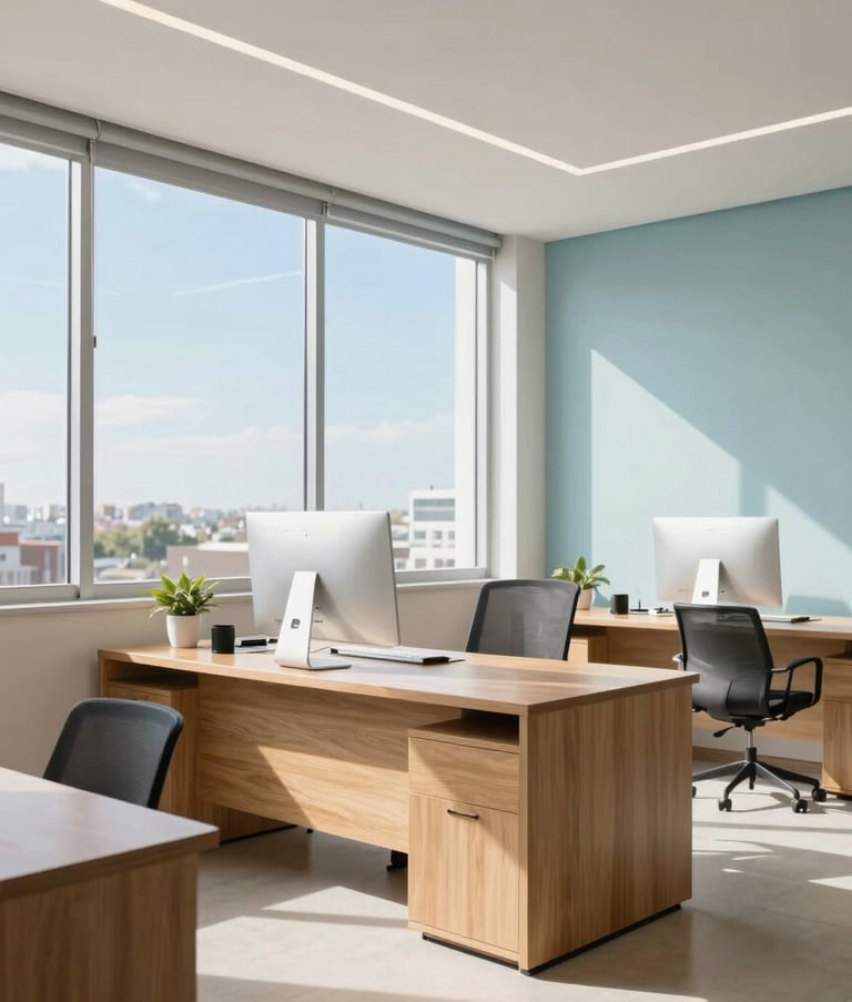 Interior of a bright, modern Brazilian real estate office with large windows, light wood furniture, and pale sky blue accents, showing a professional workspace without people.