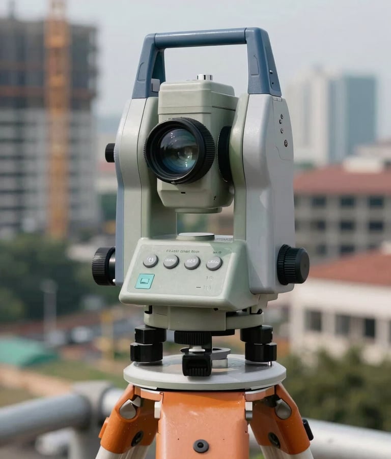 Close-up of a high-precision total station surveying instrument on a tripod, with a blurred Indonesian urban development site in the background, focus on the technical glass lens and buttons, Slate Grey and Navy Blue tones.