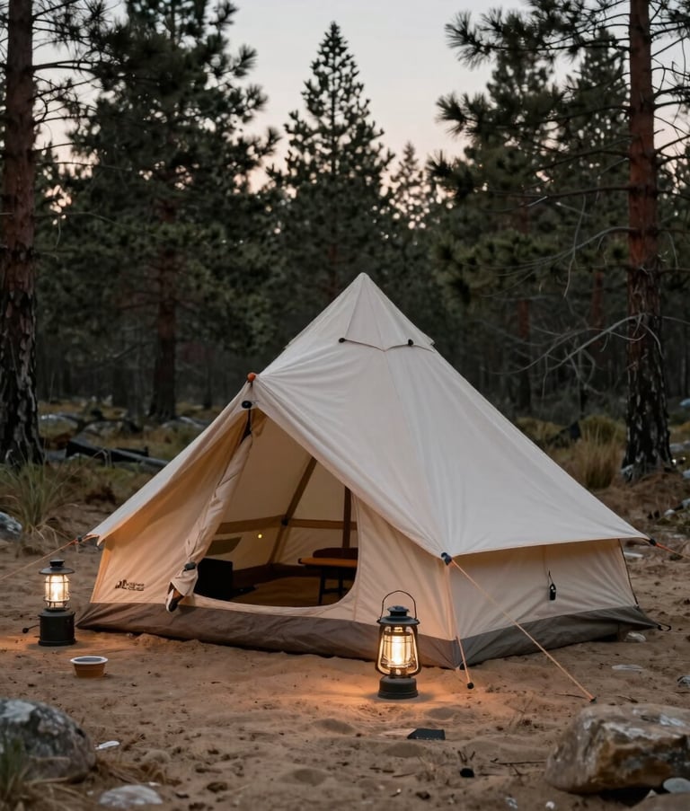 A clean, minimalist composition of high-end camping equipment including a canvas tent and lanterns set in a North American pine forest, dusk lighting, earthy sand and stone colors, cinematic and calm.