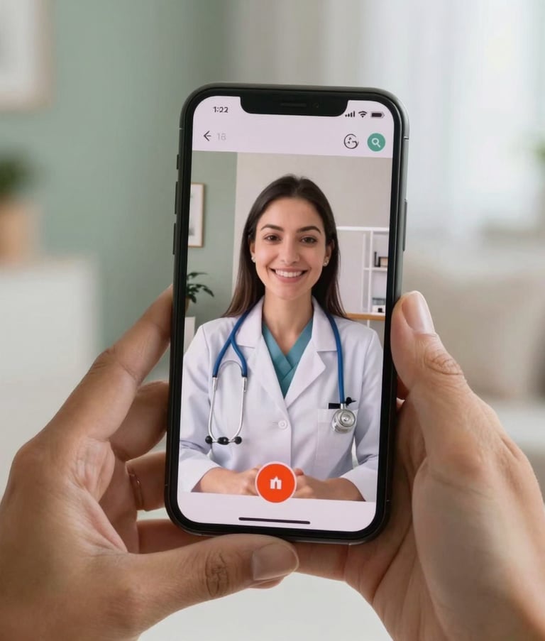 A detailed close-up shot of a smartphone screen showing a clear video call interface with a health professional, held by hands in a bright, comfortable South American / Brazilian home setting. Soft sage green and white tones in the background.