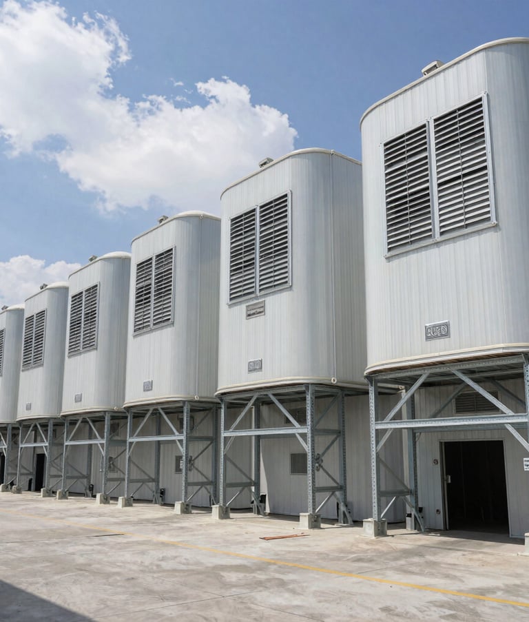 Wide shot of a massive, sterile industrial cold storage warehouse in Mexico, featuring organized steel racking and high-performance refrigeration vents, illuminated with professional sky blue and cloud white lighting.