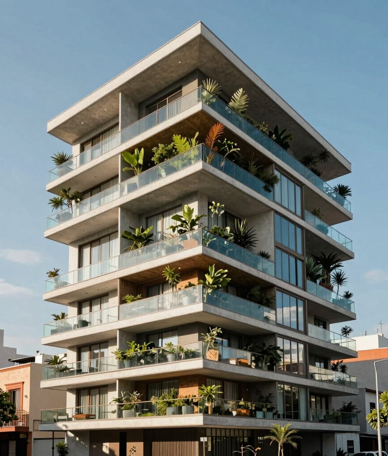 A professional shot of a contemporary residential apartment building with elegant glass balconies and integrated vertical gardens. The scene is set in a vibrant Latin American / Spanish neighborhood during a clear day with ice blue sky tones.
