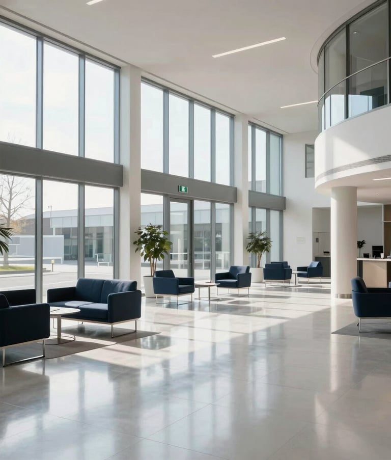 Photography of a wide, sunlit corporate lobby in Rouen with polished floors reflecting the windows, minimalist furniture, Navy and White color palette, professional and clean atmosphere.
