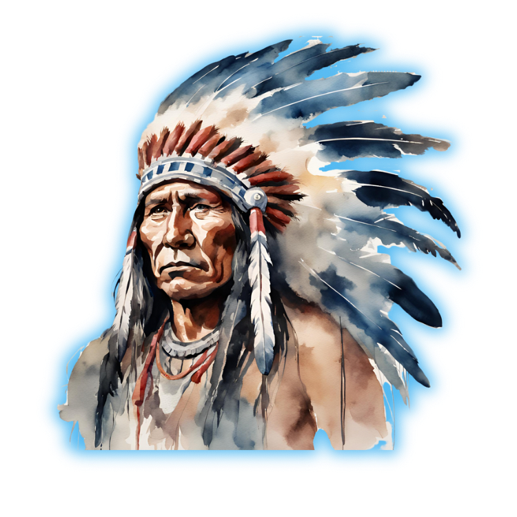 Native American chief facing forward wearing a headdress