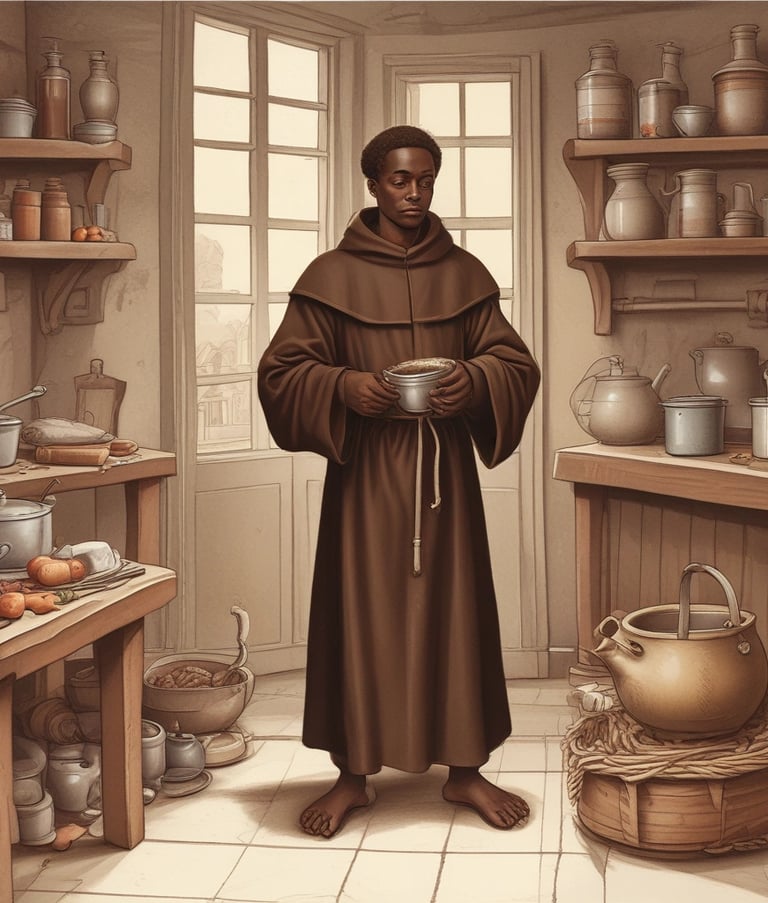 São Benedito trabalhando na cozinha