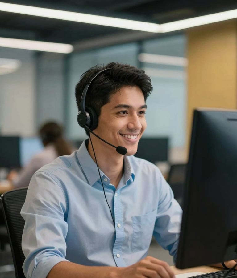 A focused professional in a modern South American / Brazilian office, wearing a headset and smiling warmly while looking at a monitor. The background is a blurred, sophisticated office interior with steel blue and gold accents, capturing an atmosphere of reliability.