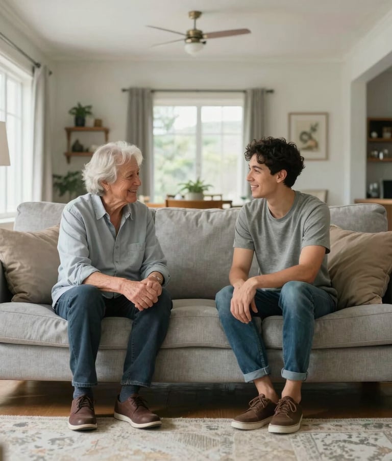 A wide shot of a bright living room in a North American home. A senior homeowner and a younger tenant are seated on a light grey sofa, engaged in a friendly conversation. The lighting is soft and natural, emphasizing a secure environment.