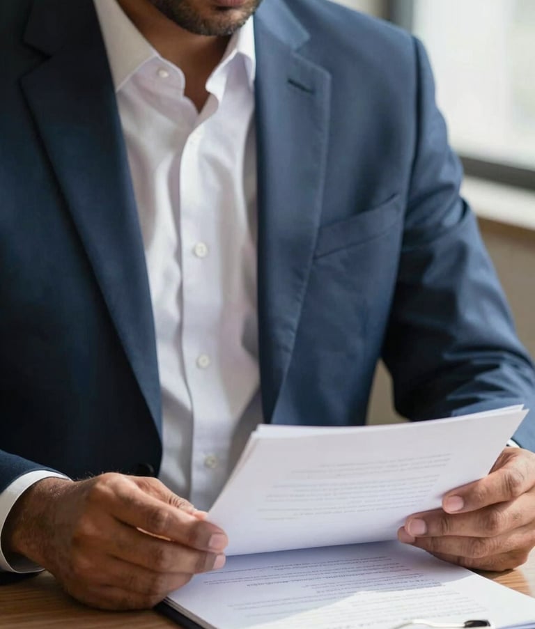 A close-up photograph of a professional South Asian / Indian legal expert in smart attire, focusing on a document in a sun-lit office. The scene incorporates a palette of deep navy blue and off-white for a trustworthy atmosphere.