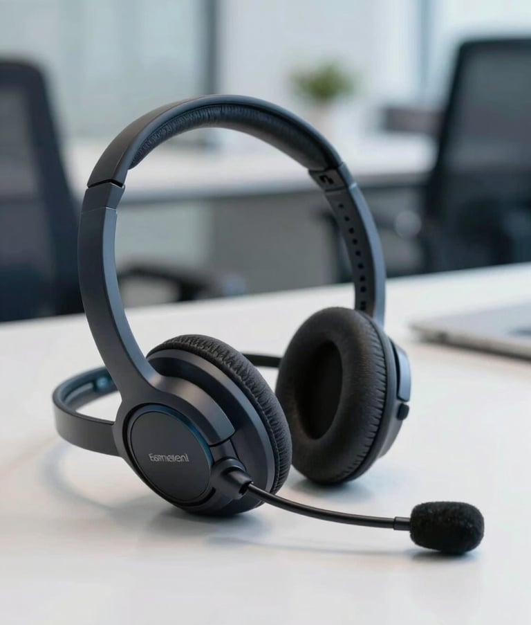 A close-up photograph of a professional high-quality headset resting on a minimalist white desk in a South American corporate setting. The background is a soft-focus modern office in shades of white and dark blue, conveying technological precision.