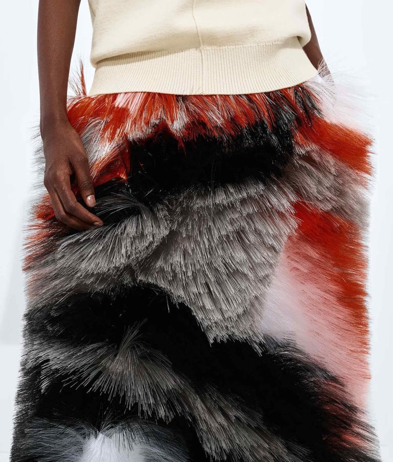 Colourful textured fur skirt fashion detail.