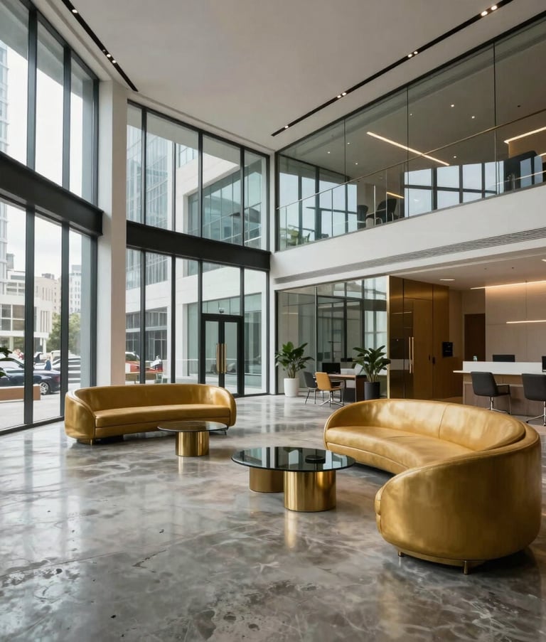 Modern corporate interior after renovation, showcasing glass walls, polished concrete floors and goldenrod accent furniture, Latin American / Hispanic business district setting, wide angle photography.